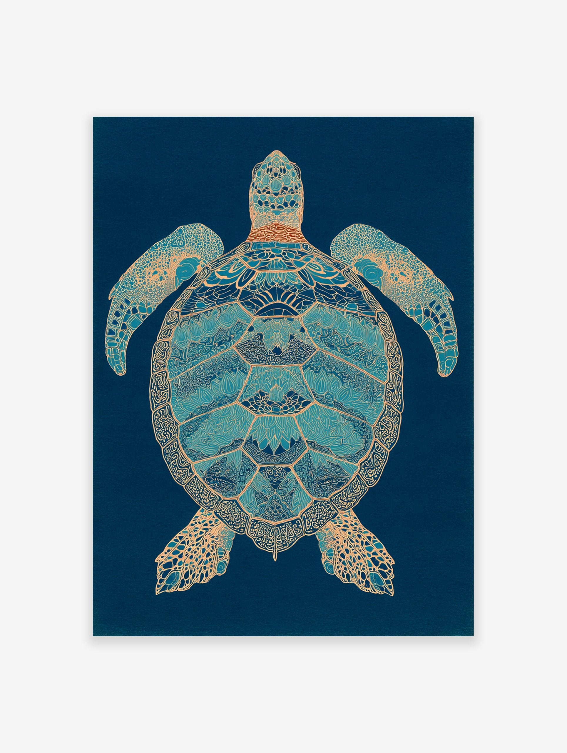 Intricate blue and gold sea turtle wall art print on a dark blue background with detailed patterns on its shell and flippers.