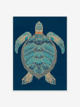 Intricate blue and gold sea turtle wall art print on a dark blue background with detailed patterns on its shell and flippers.