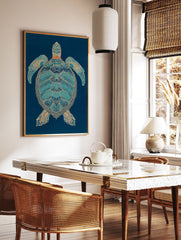 Intricate blue and gold sea turtle wall art print on a dark blue background with detailed patterns on its shell and flippers. - Image 2