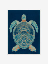Intricate blue and bronze sea turtle wall art illustration on a dark blue background
