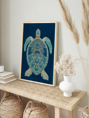 Intricate blue and bronze sea turtle wall art illustration on a dark blue background - Image 3