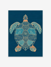 Intricate blue and gold sea turtle wall art print on a dark blue background with detailed patterns