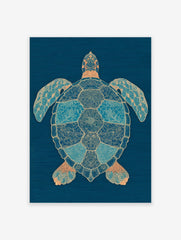 Intricate blue and gold sea turtle wall art print on a dark blue background with detailed patterns