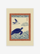 Blue sea turtle swimming in stylized waves with a bird flying overhead, all within a red patterned border, in a Japanese wall art style.