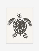 Minimalist dark grey sea turtle illustration art print on a light cream background, viewed from above.