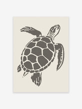Minimalist illustration of a sea turtle in a dark grey-brown color against a light neutral background.