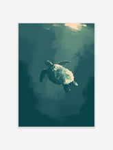 Sea turtle swimming in deep green water with light from above, ocean animal art print
