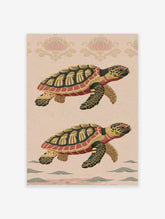 Ornate sea turtle illustration with patterned shell in red, beige, black, on pink background