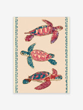 Three stylised sea turtles in pink and teal on beige background, with blue dashed border, unframed paper print