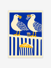 Seagull and chips poster with two cream gulls on blue background, one holding a paper cup, graphic bird print