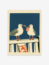 Seagull art print of two birds on a railing, one with a chip, one with a red tin, on blue