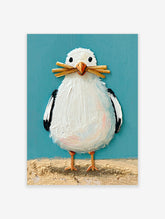 White seagull holding wooden sticks in its beak against a teal blue background, coastal bird poster