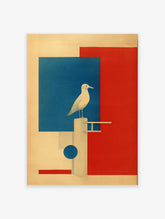 White seagull on a geometric structure with red and blue blocks on a beige background, modern minimalist wall art.