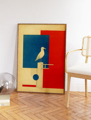 White seagull on a geometric structure with red and blue blocks on a beige background, modern minimalist wall art. - Image 2