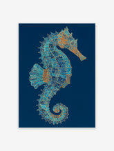 Intricate seahorse wall art illustration in blue, teal, and orange with gold details on a deep blue background.