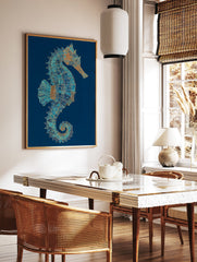 Intricate seahorse wall art illustration in blue, teal, and orange with gold details on a deep blue background. - Image 2