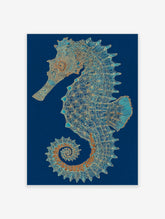 Intricate blue and gold seahorse wall art illustration with mandala patterns on a deep blue background.