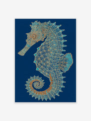 Intricate blue and gold seahorse wall art illustration with mandala patterns on a deep blue background.