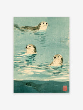 Three seals swimming in teal water, Japanese animal poster with red seal stamp