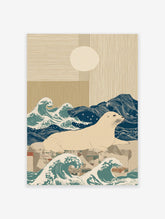 Illustrative seal wall art print with Japanese-style ocean waves, a cream seal, and geometric patterns in blue and beige.