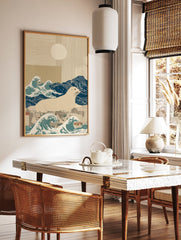 Illustrative seal wall art print with Japanese-style ocean waves, a cream seal, and geometric patterns in blue and beige. - Image 2