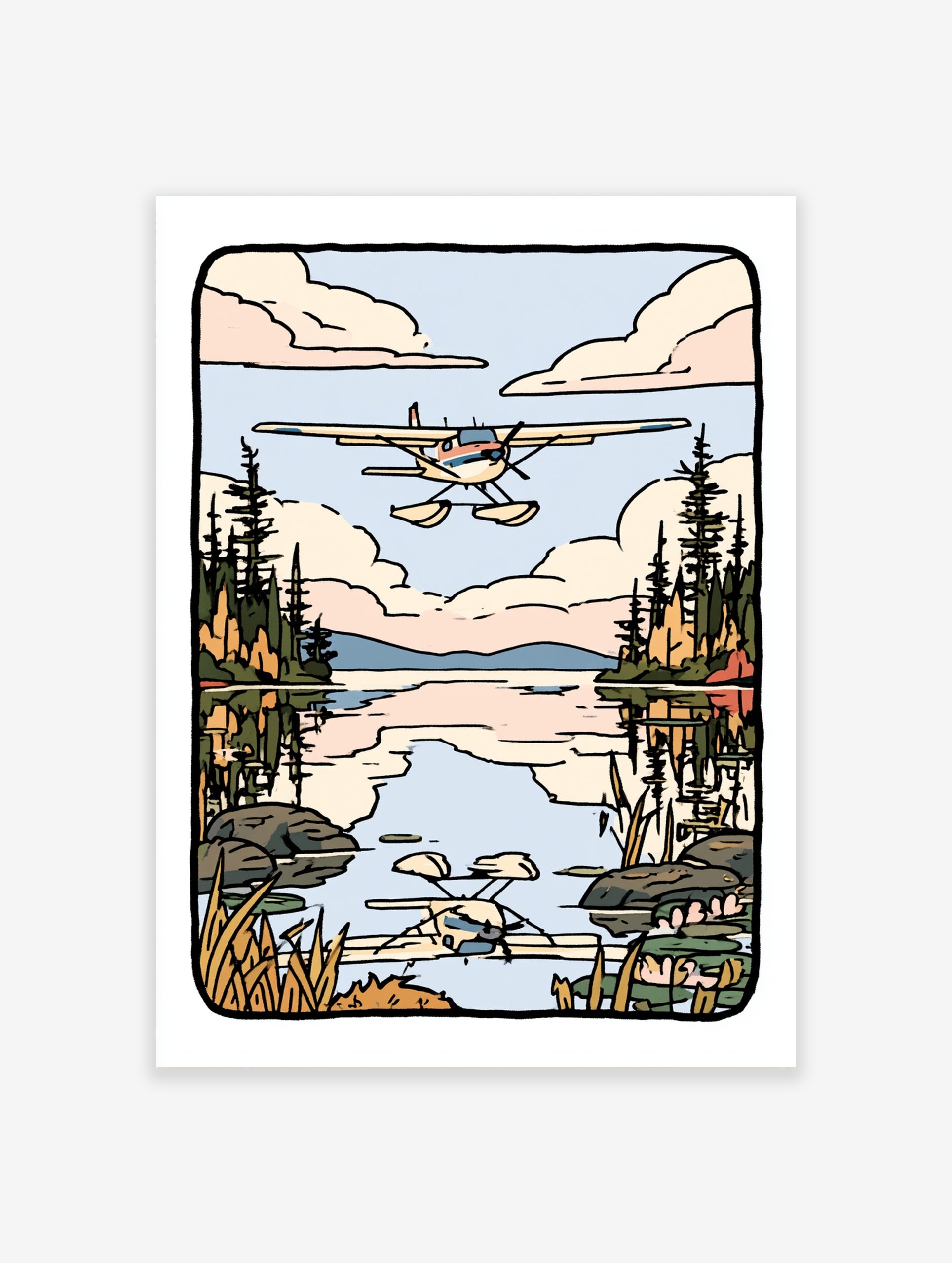 Illustrated seaplane flying over a calm lake with pine forest reflections and soft clouds in a graphic art style