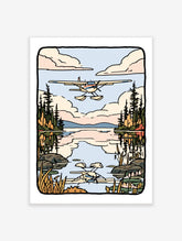 Illustrated seaplane flying over a calm lake with pine forest reflections and soft clouds in a graphic art style