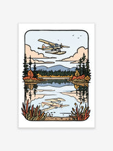 Seaplane flying over a calm lake with mountain and forest background in an illustrative travel poster style