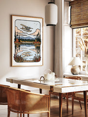 Seaplane flying over a calm lake with mountain and forest background in an illustrative travel, in a styled room mockup