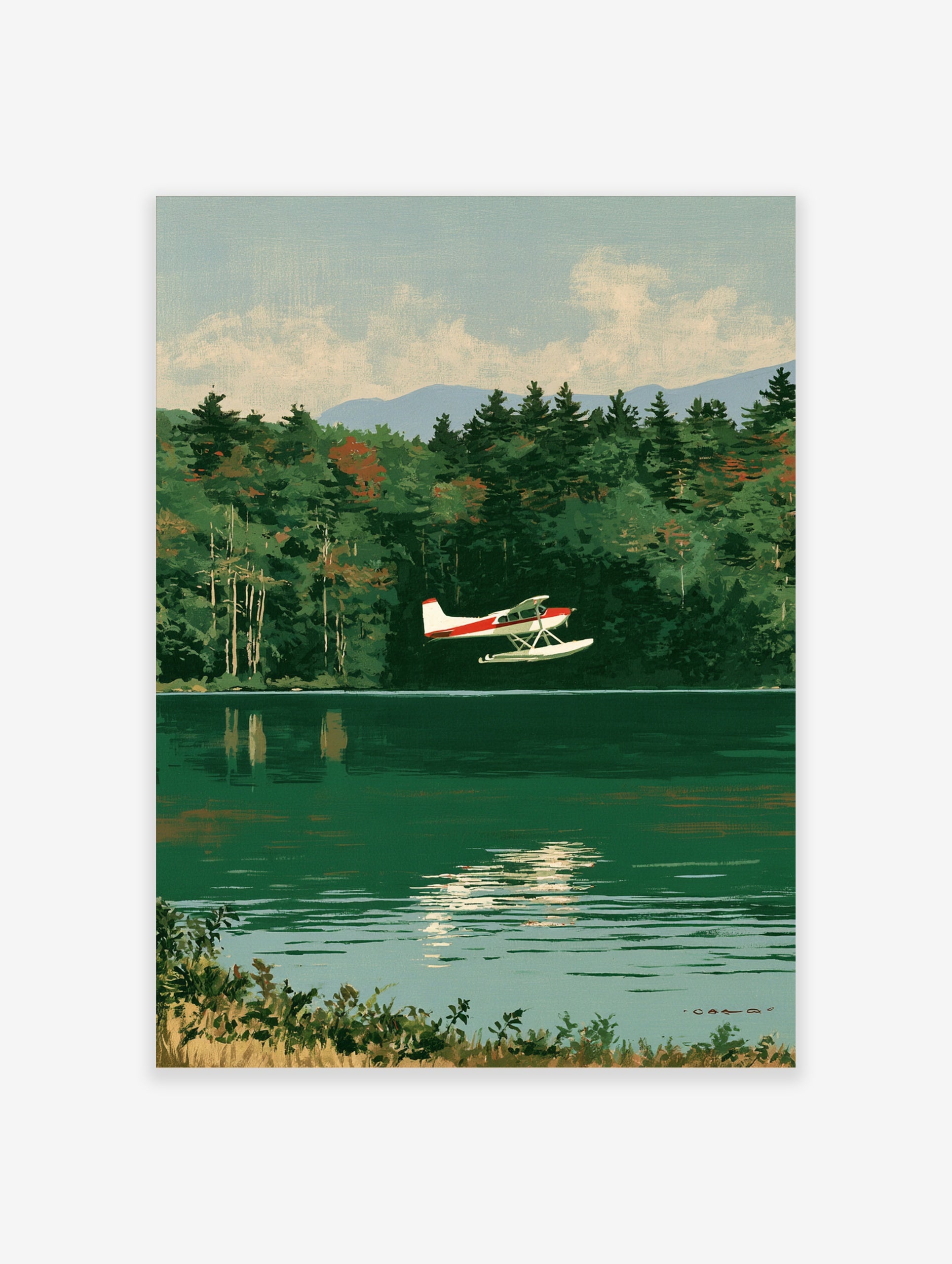 Vintage style illustration of a red and white seaplane flying over a calm green lake with a forest background