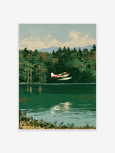 Vintage style illustration of a red and white seaplane flying over a calm green lake with a forest background