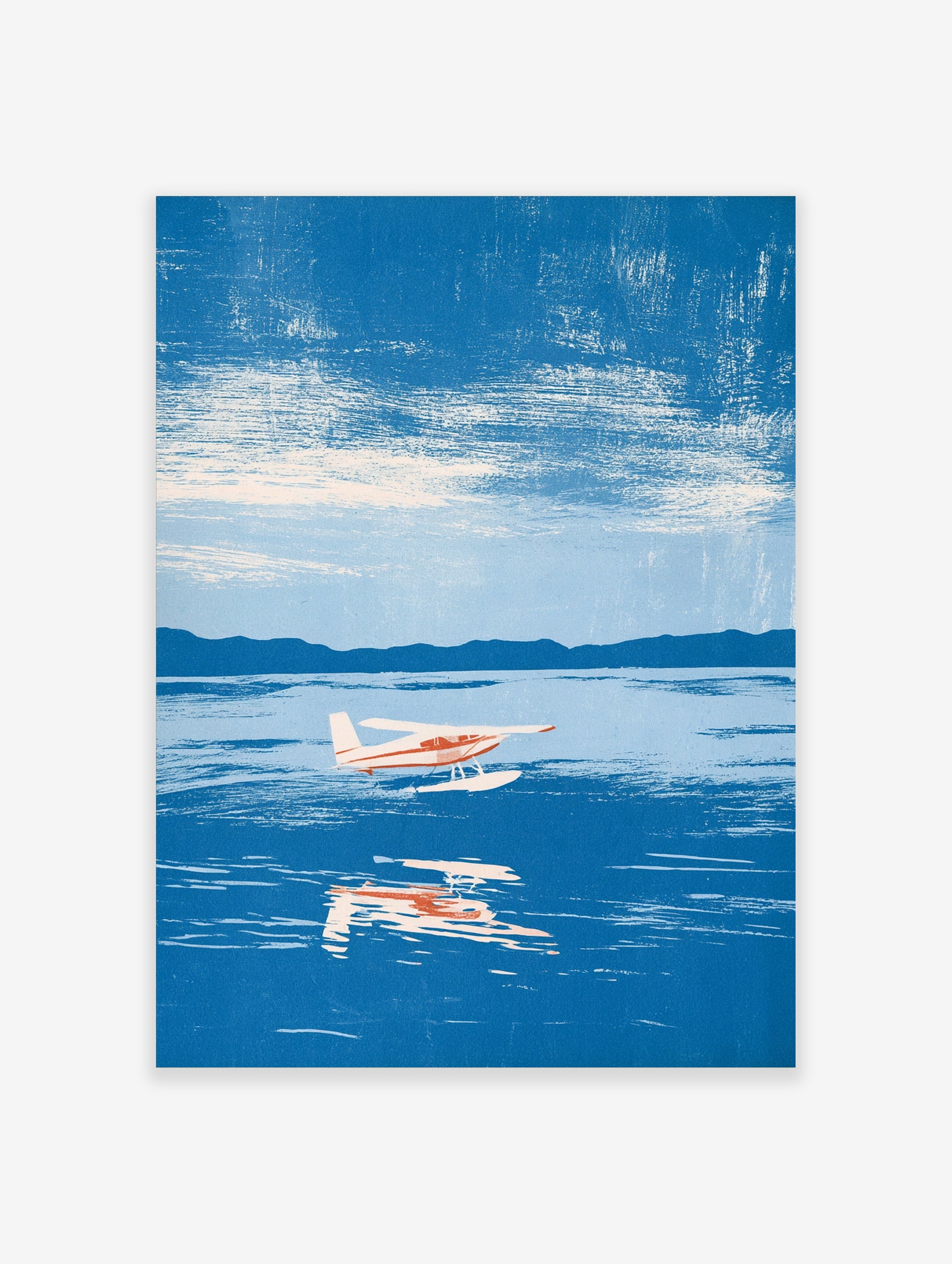 Illustrative seaplane wall art print flying over blue water with mountain background