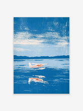 Illustrative seaplane wall art print flying over blue water with mountain background
