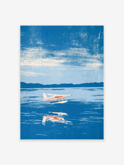Illustrative seaplane wall art print flying over blue water with mountain background