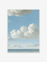 Seascape painting with blue sky, white cumulus clouds, calm ocean, and two small distant boats on horizon