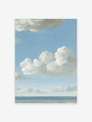 Seascape painting with blue sky, white cumulus clouds, calm ocean, and two small distant boats on horizon