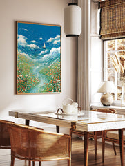 Vibrant seascape wall art painting with a sailboat on stormy blue waves and a field of colorful wildflowers - Image 2