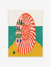 Seashell house poster with spiral shell containing pink building, teal sea, yellow sand, and green suitcase