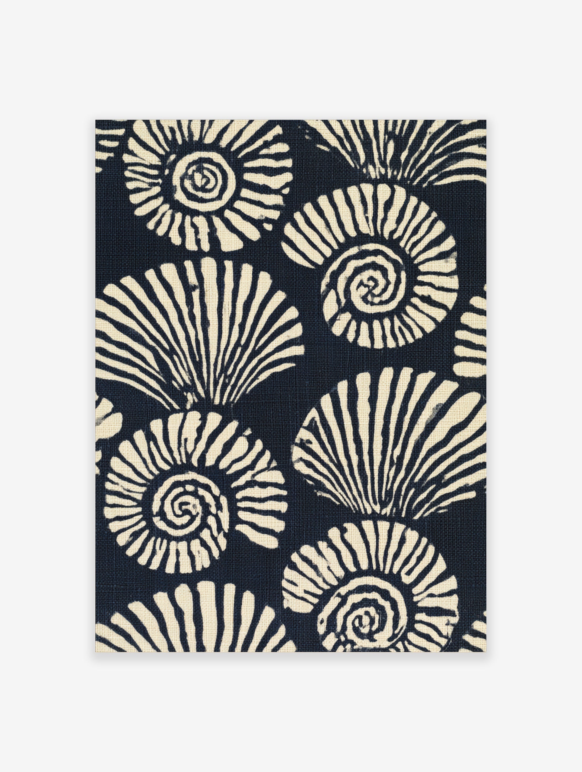 Stylised navy and cream ammonite seashell pattern illustration, repeating spiral shells, graphic wall art print