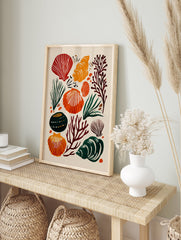 Modern seashell poster with red, orange, and dark green marine elements like shells, coral, and seaweed on a light background. - Image 4