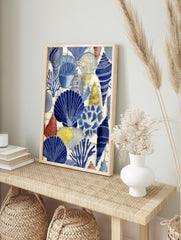 Blue, white, and yellow seashell wall art illustration with various marine life like shells and coral on a tiled background. - Image 3