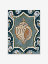 Conch shell illustration with swirling navy and white wave border on teal background, coastal wall art print