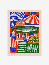 Colourful seaside fish market poster with striped umbrellas, crates of fish, and a large salmon