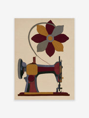 Sewing machine illustration with a flower shaped pattern on a cream background, textile art style wall print