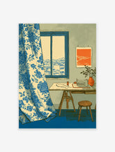 Vintage style sewing room wall art illustration with blue floral curtain, window view, sewing machine, and plant.