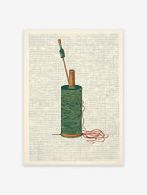 Green sewing thread spool with a needle and red thread on a textured background, illustrative wall art print.