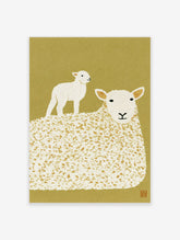 Minimalist sheep and lamb illustration with a textured mustard-yellow background art print