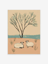 Minimalist animal art print of two white sheep under a slender tree on tan background