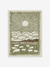 Illustrative green and off-white print of sheep grazing in a field beneath a sun and clouds, with a decorative border