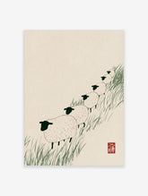 Minimalist ink-wash style illustration of a line of six sheep walking through green grass on a cream background